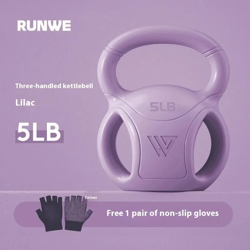Colourful kettlebells in pink, lavender, and dark green with different weight options for home fitness
