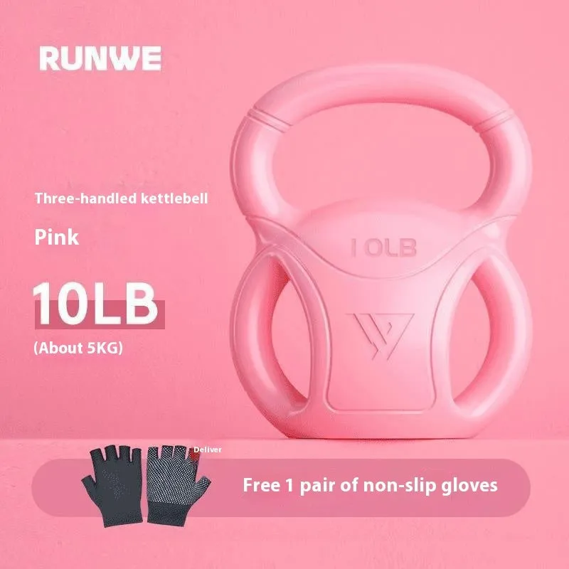 Colourful kettlebells in pink, lavender, and dark green with different weight options for home fitness
