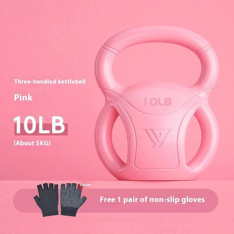 Colourful kettlebells in pink, lavender, and dark green with different weight options for home fitness