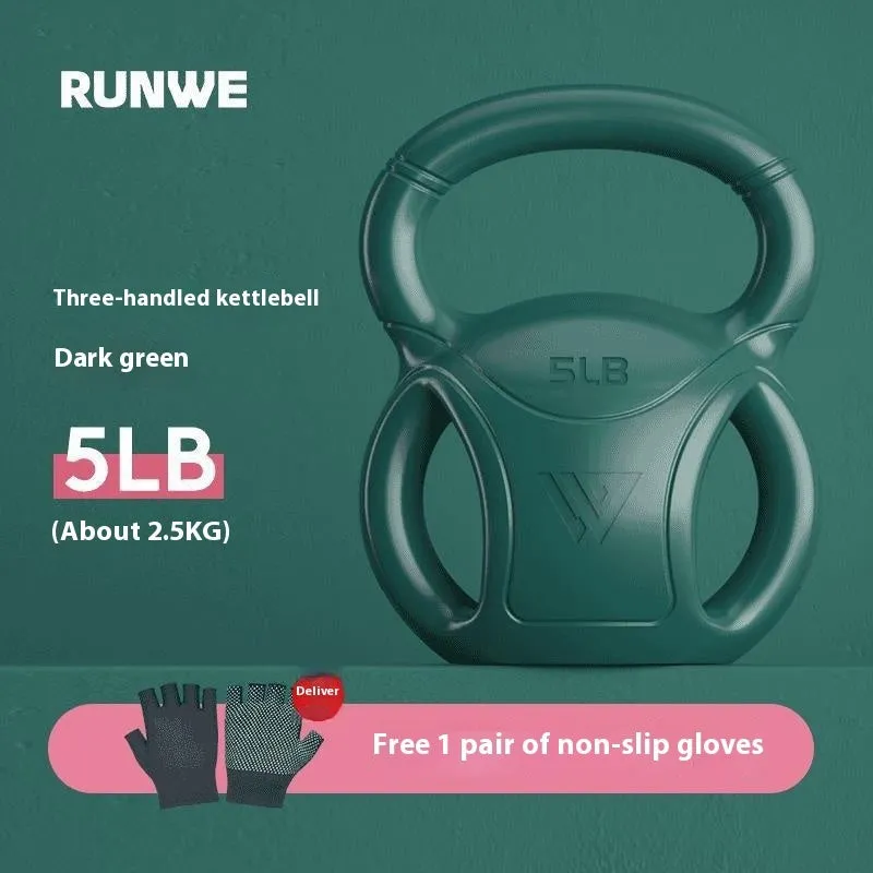 Colourful kettlebells in pink, lavender, and dark green with different weight options for home fitness