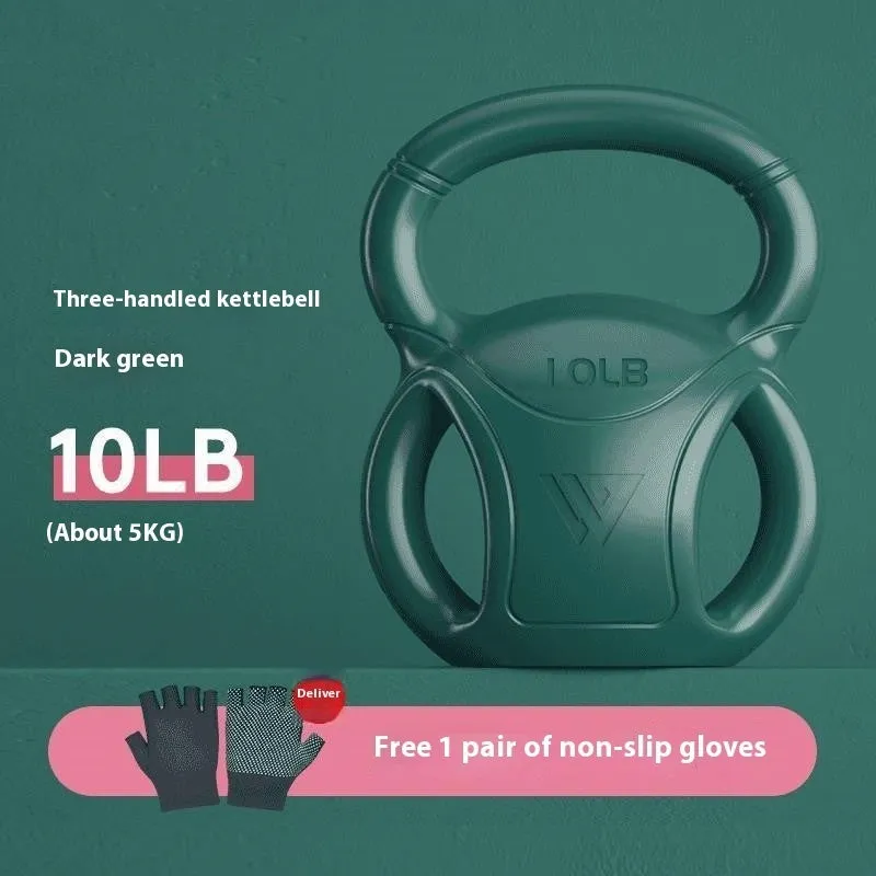 Colourful kettlebells in pink, lavender, and dark green with different weight options for home fitness