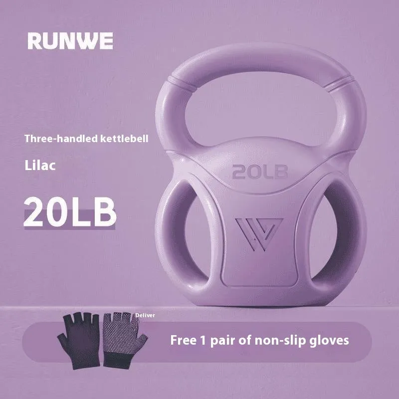 Colourful kettlebells in pink, lavender, and dark green with different weight options for home fitness