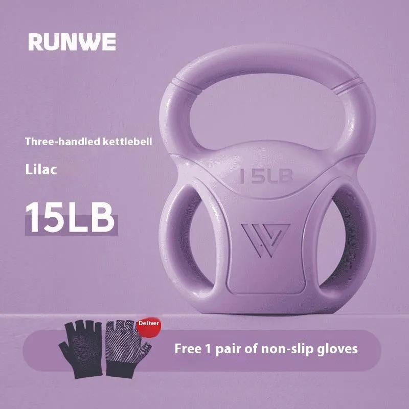 Colourful kettlebells in pink, lavender, and dark green with different weight options for home fitness