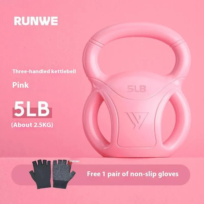 Colourful kettlebells in pink, lavender, and dark green with different weight options for home fitness