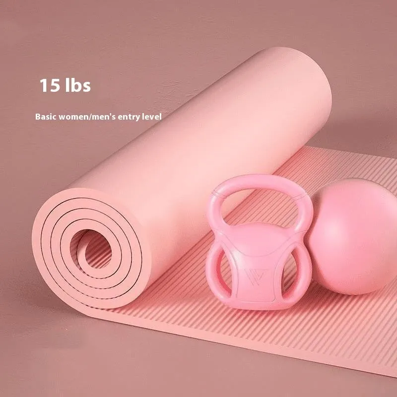 Colourful kettlebells in pink, lavender, and dark green with different weight options for home fitness