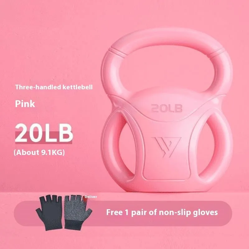 Colourful kettlebells in pink, lavender, and dark green with different weight options for home fitness
