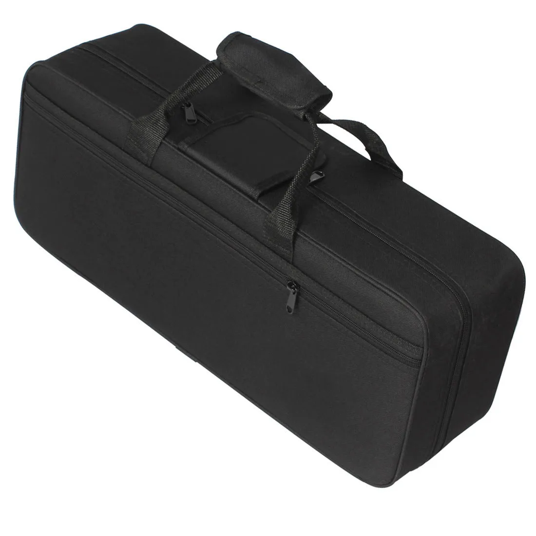 Black Oxford cloth shoulder and back storage bag for musical instruments, 53x22x15 cm, on a plain background