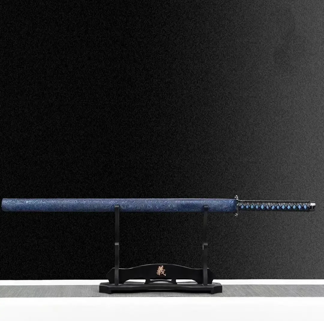 Blue Dragon Tang Horizontal Saber with high manganese steel blade and plastic steel scabbard on display