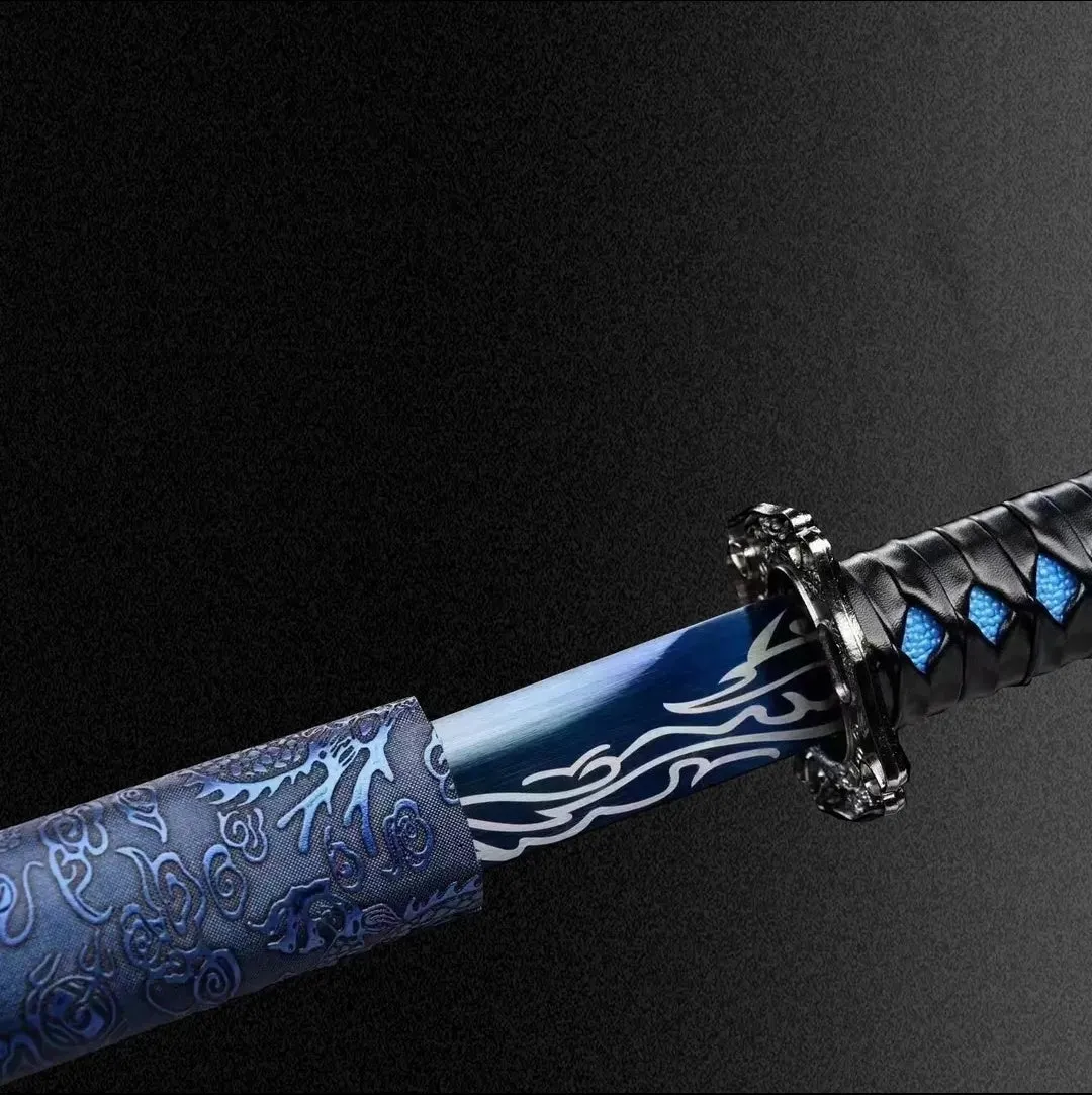 Blue Dragon Tang Horizontal Saber with high manganese steel blade and plastic steel scabbard on display