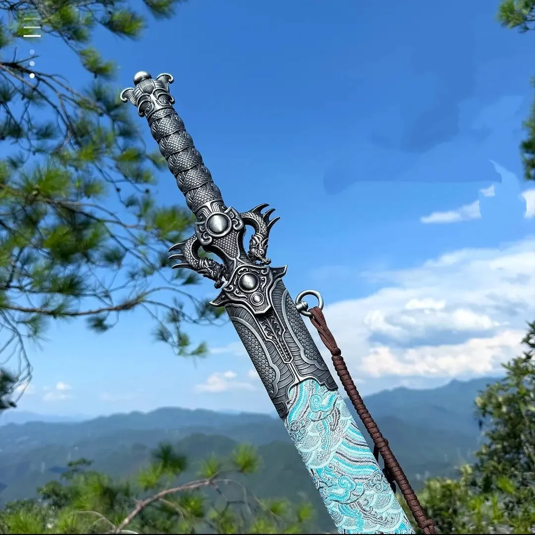 Blue Xingyuan sword from Longquan City with high manganese steel blade and leather-covered scabbard on display