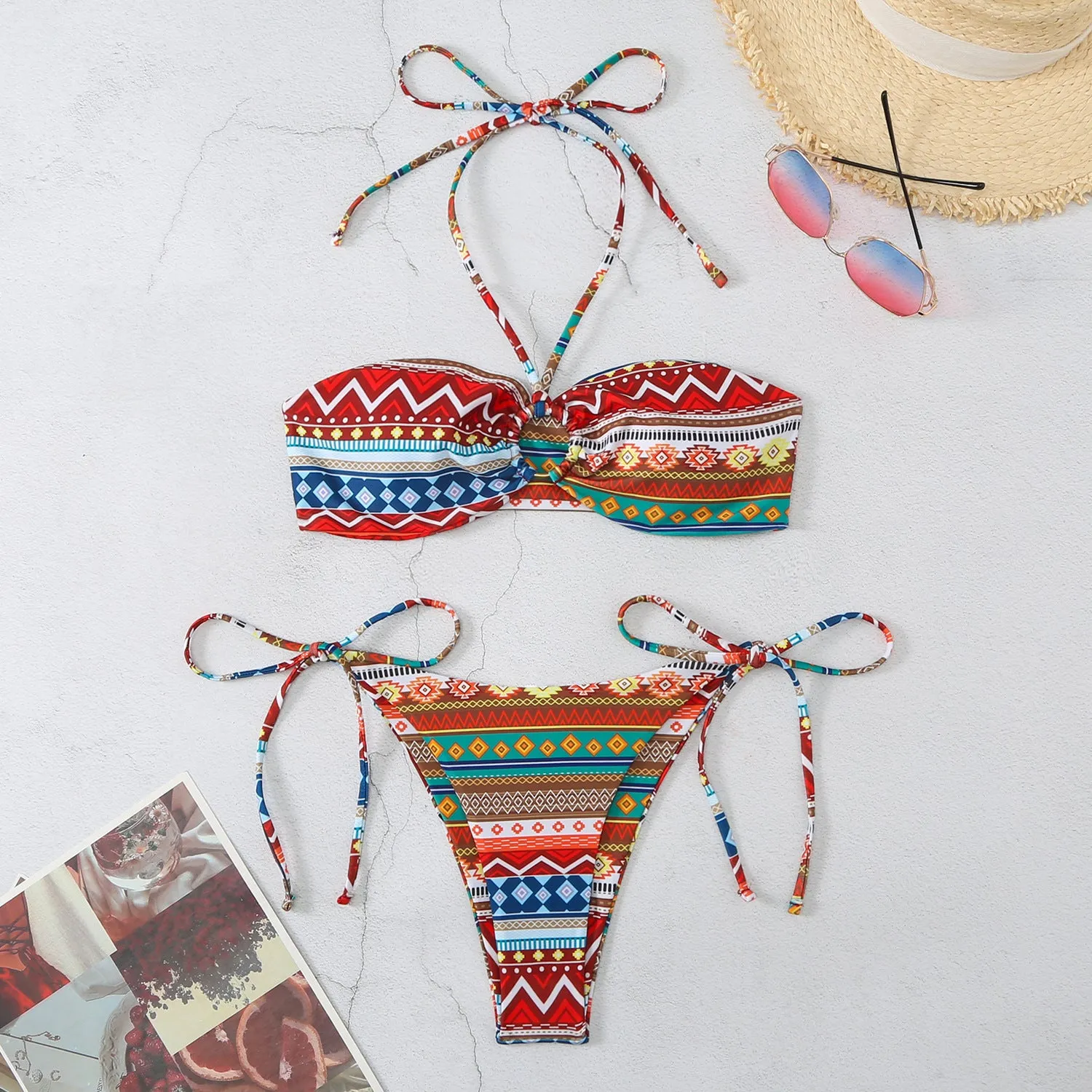 Women's halter neck bikini swimsuit in polyester with briefs style