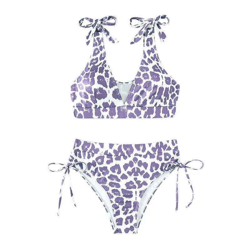 Women's sleeveless lace-up chest cover high waist suit in purple leopard print on white background