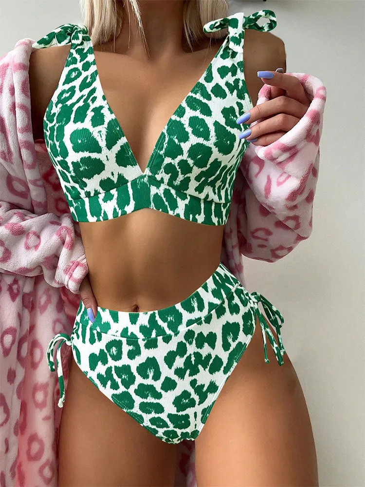 Women's sleeveless lace-up chest cover high waist suit in purple leopard print on white background