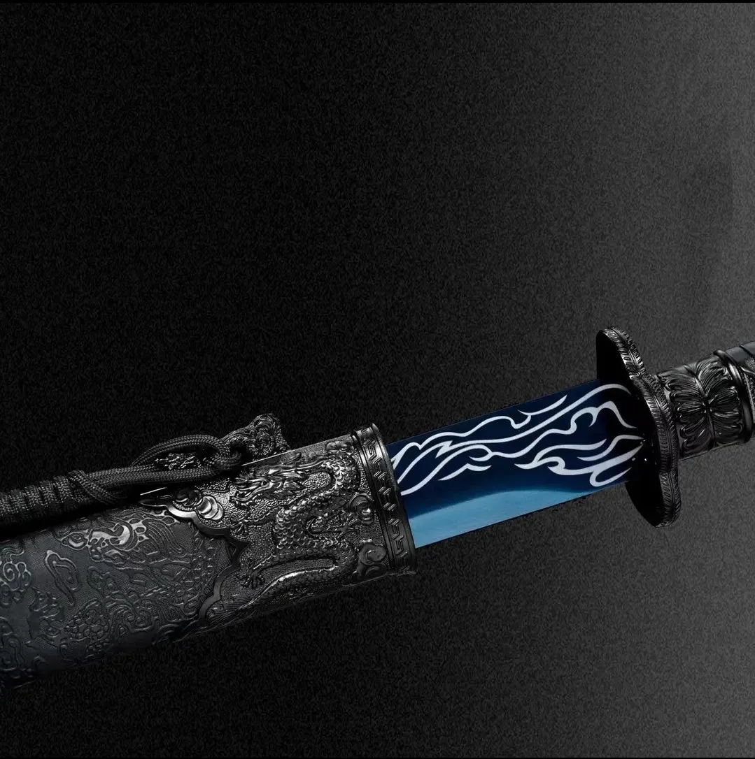 Liuying Tang Dynasty horizontal sword with 115cm overall length, 65 manganese steel blade, and leather-covered wood scabbard