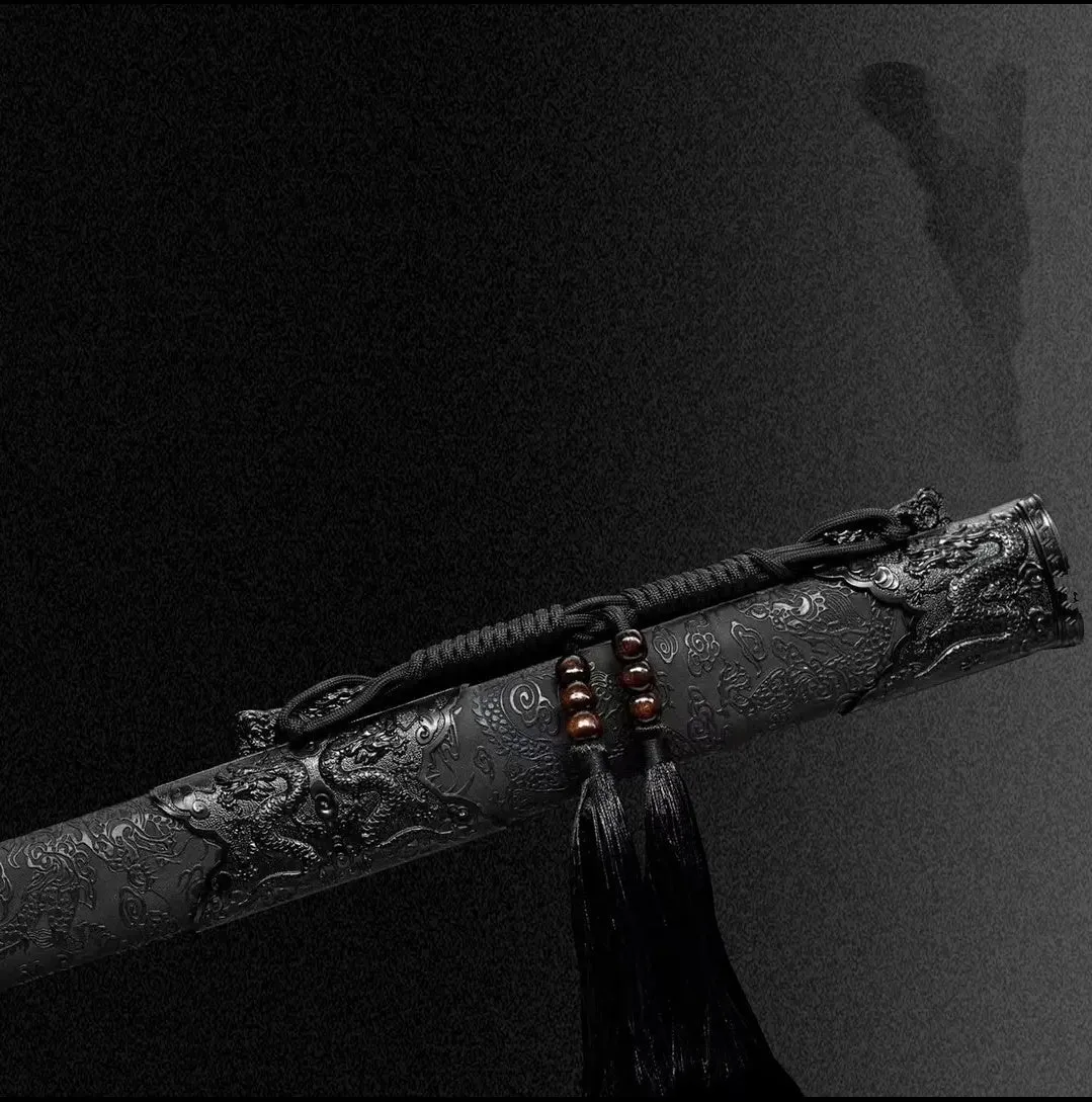 Liuying Tang Dynasty horizontal sword with 115cm overall length, 65 manganese steel blade, and leather-covered wood scabbard