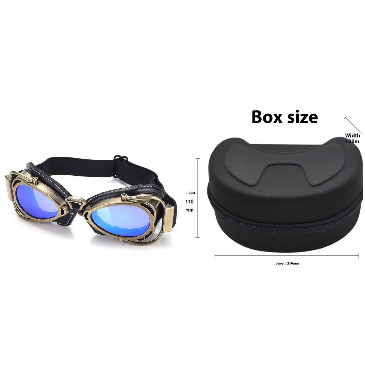 Motorcycle wind-proof glasses with full rim frame, PU material, and REVO reflective lenses, available in multiple colours