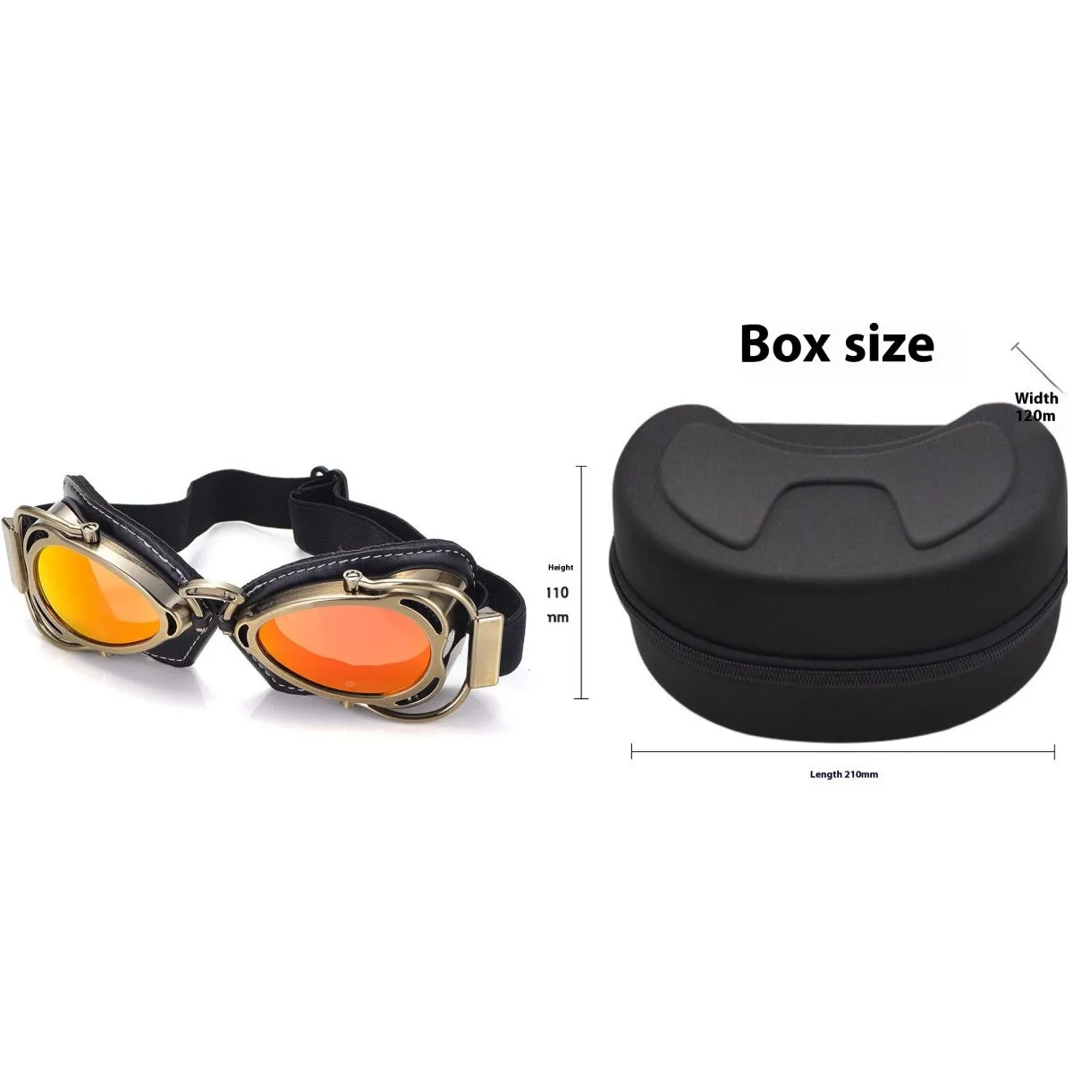 Motorcycle wind-proof glasses with full rim frame, PU material, and REVO reflective lenses, available in multiple colours