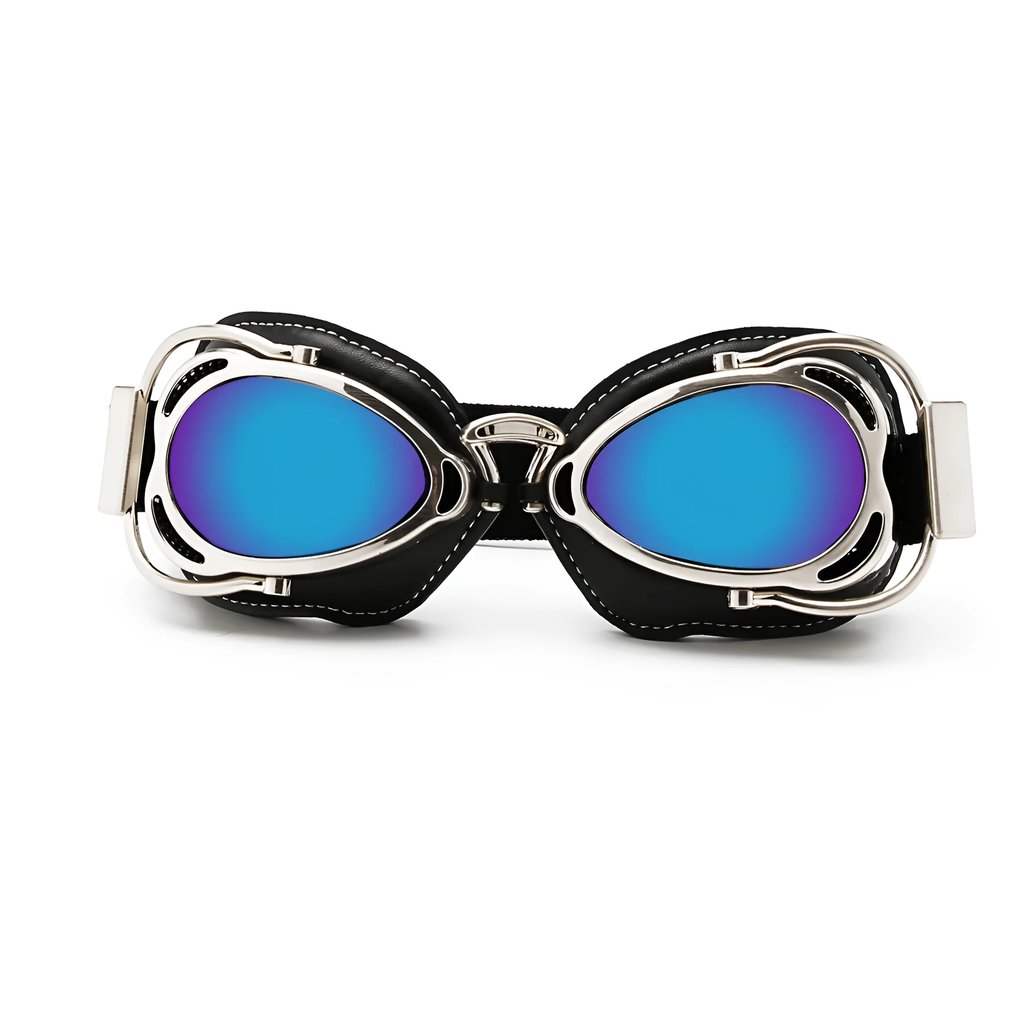 Motorcycle wind-proof glasses with full rim frame, PU material, and REVO reflective lenses, available in multiple colours