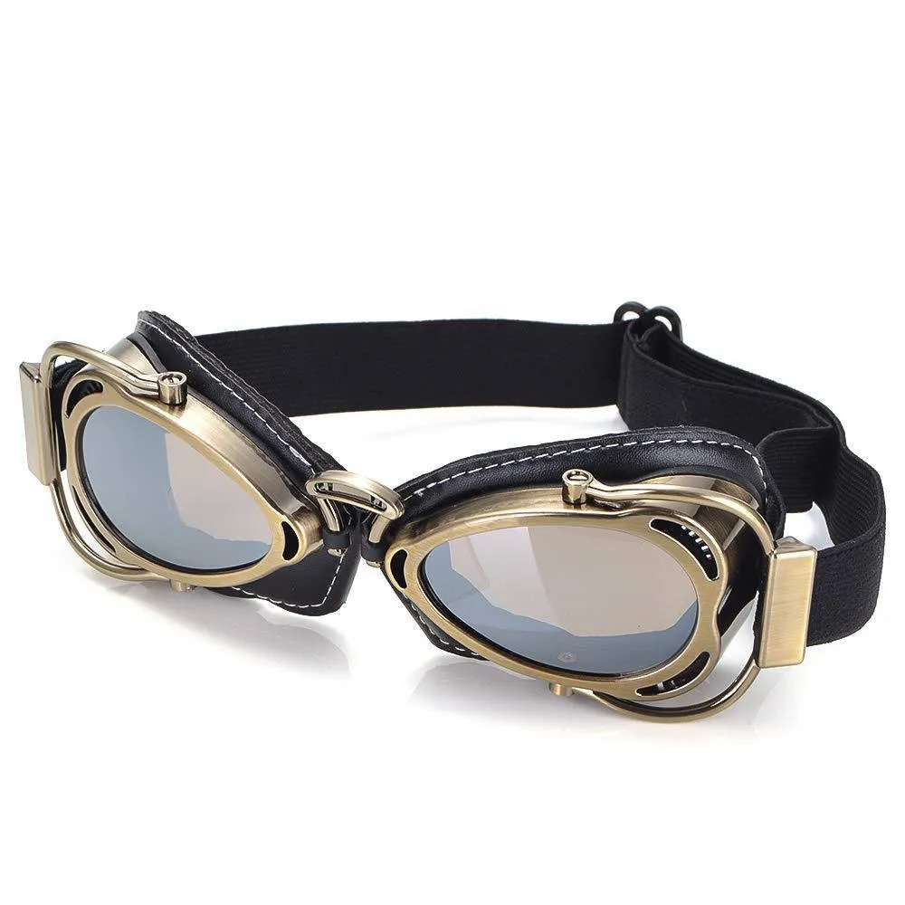 Motorcycle wind-proof glasses with full rim frame, PU material, and REVO reflective lenses, available in multiple colours