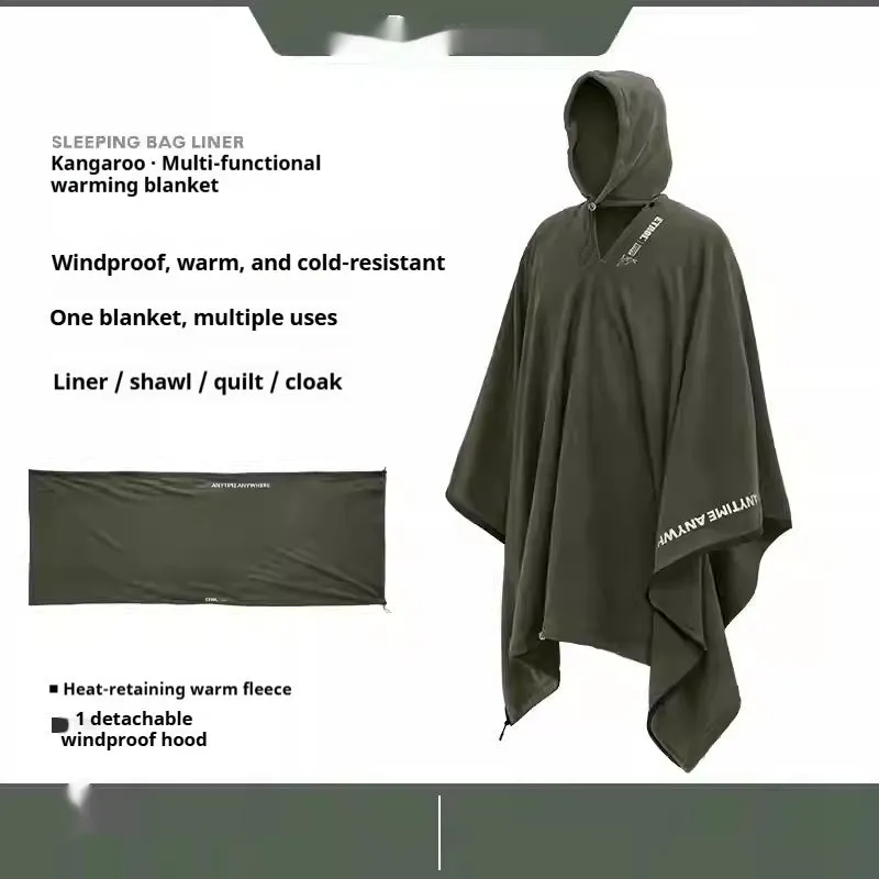 Green multifunctional fleece thermal blanket camping sleeping bag wearable cloak for 1 person