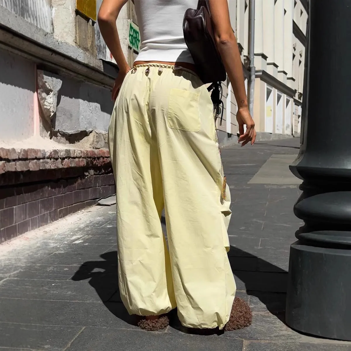 Women's loose casual cotton drawstring trousers in solid yellow colour, straight leg mid waist cut, available in sizes S M L