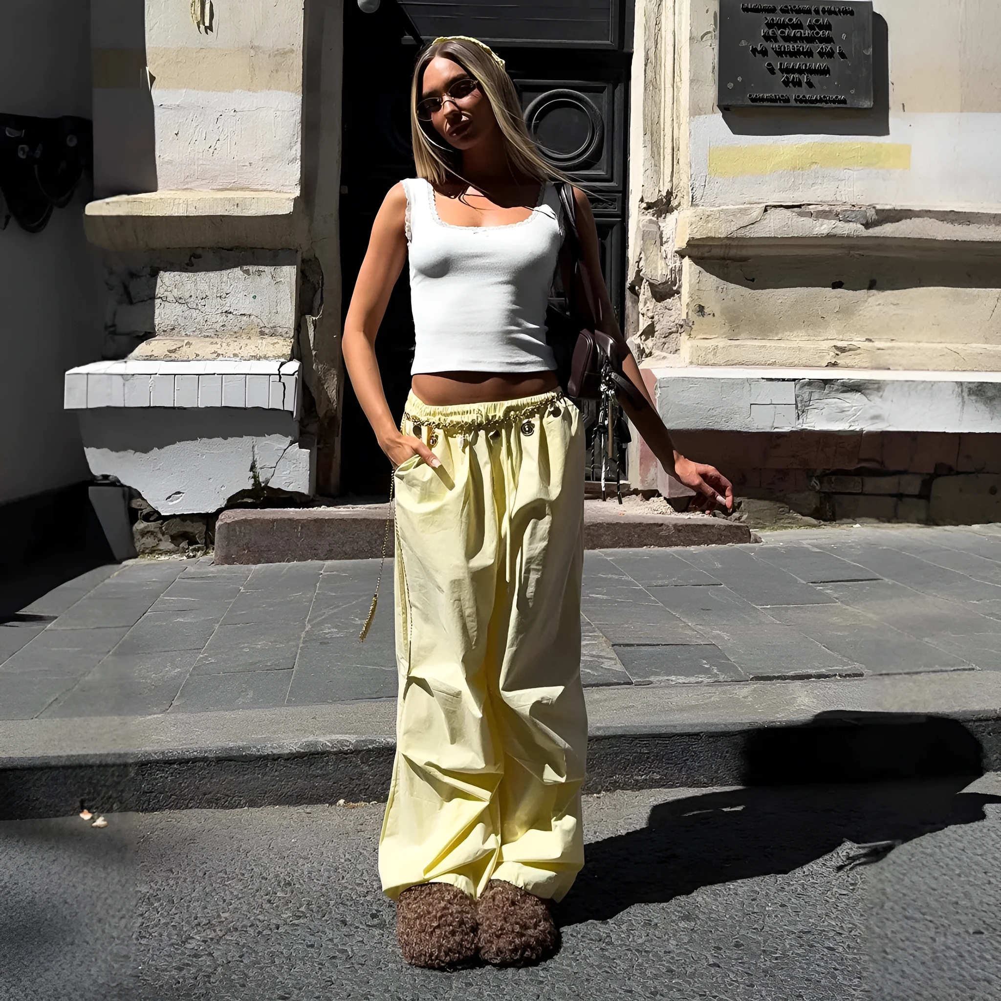Women's loose casual cotton drawstring trousers in solid yellow colour, straight leg mid waist cut, available in sizes S M L