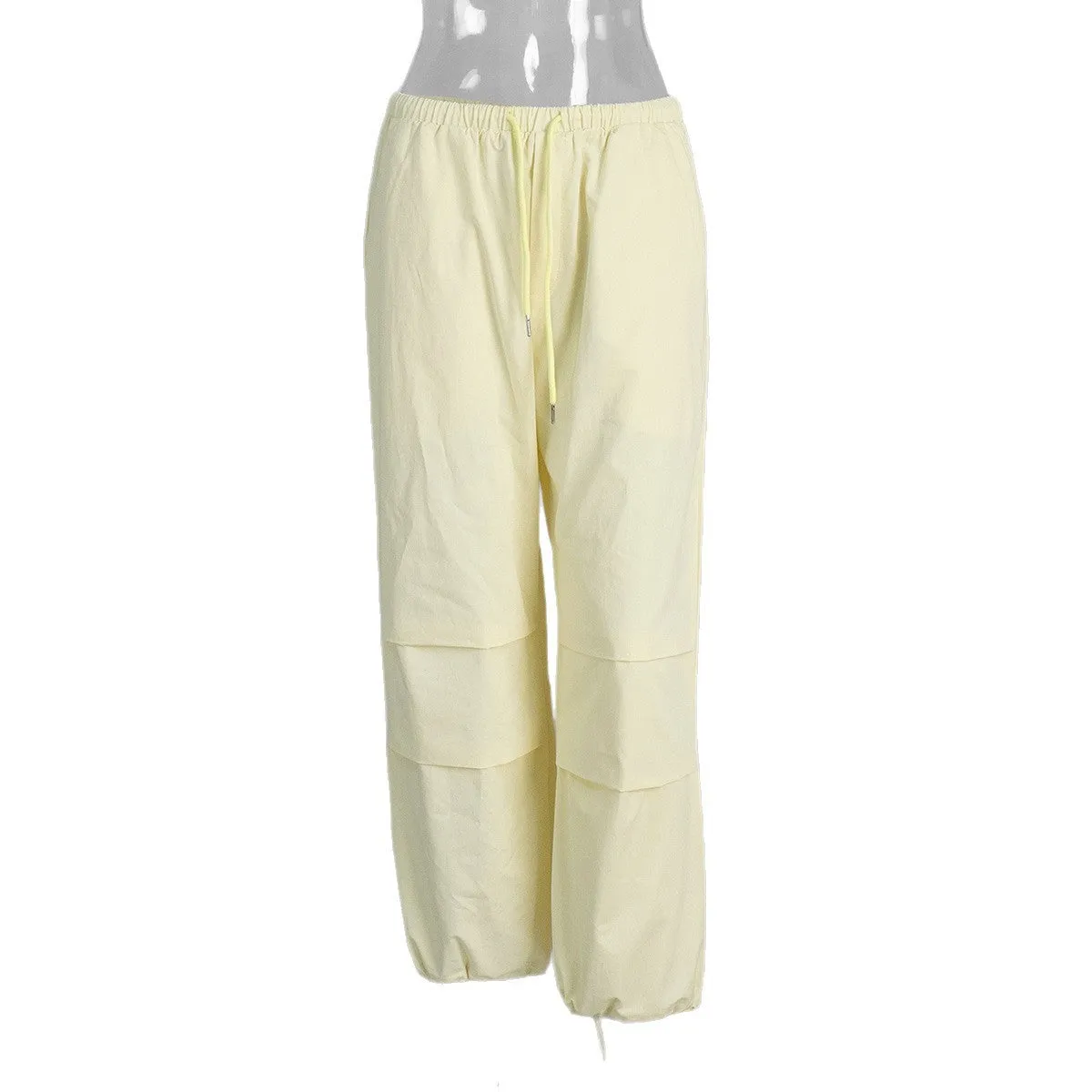 Women's loose casual cotton drawstring trousers in solid yellow colour, straight leg mid waist cut, available in sizes S M L