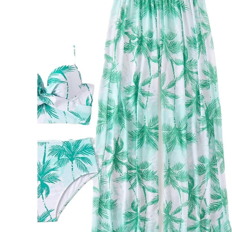Women's bikini three-piece set in quick-dry polyester with spandex lining, split design, emerald green colour