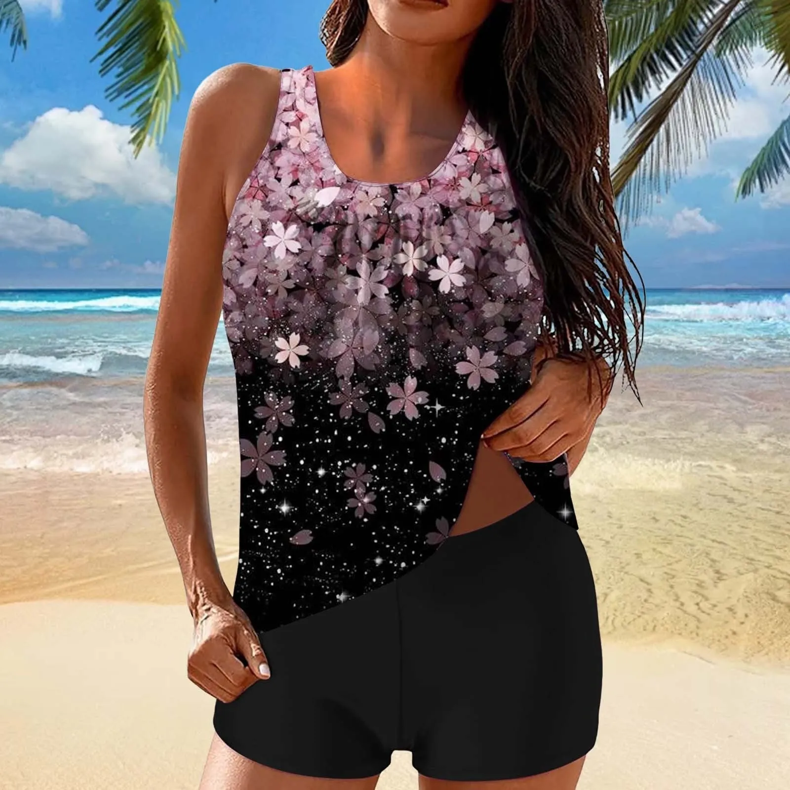 Women's colour block high waist bikini set with floral pattern, sleeveless, available in two colours and sizes S to 2XL