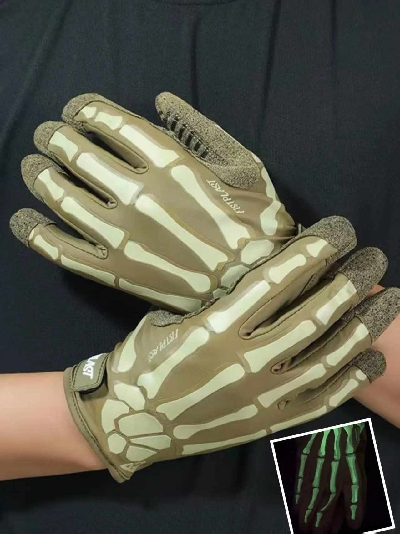 Skull luminous outdoor non-slip full finger touch screen riding gloves in khaki luminous colour