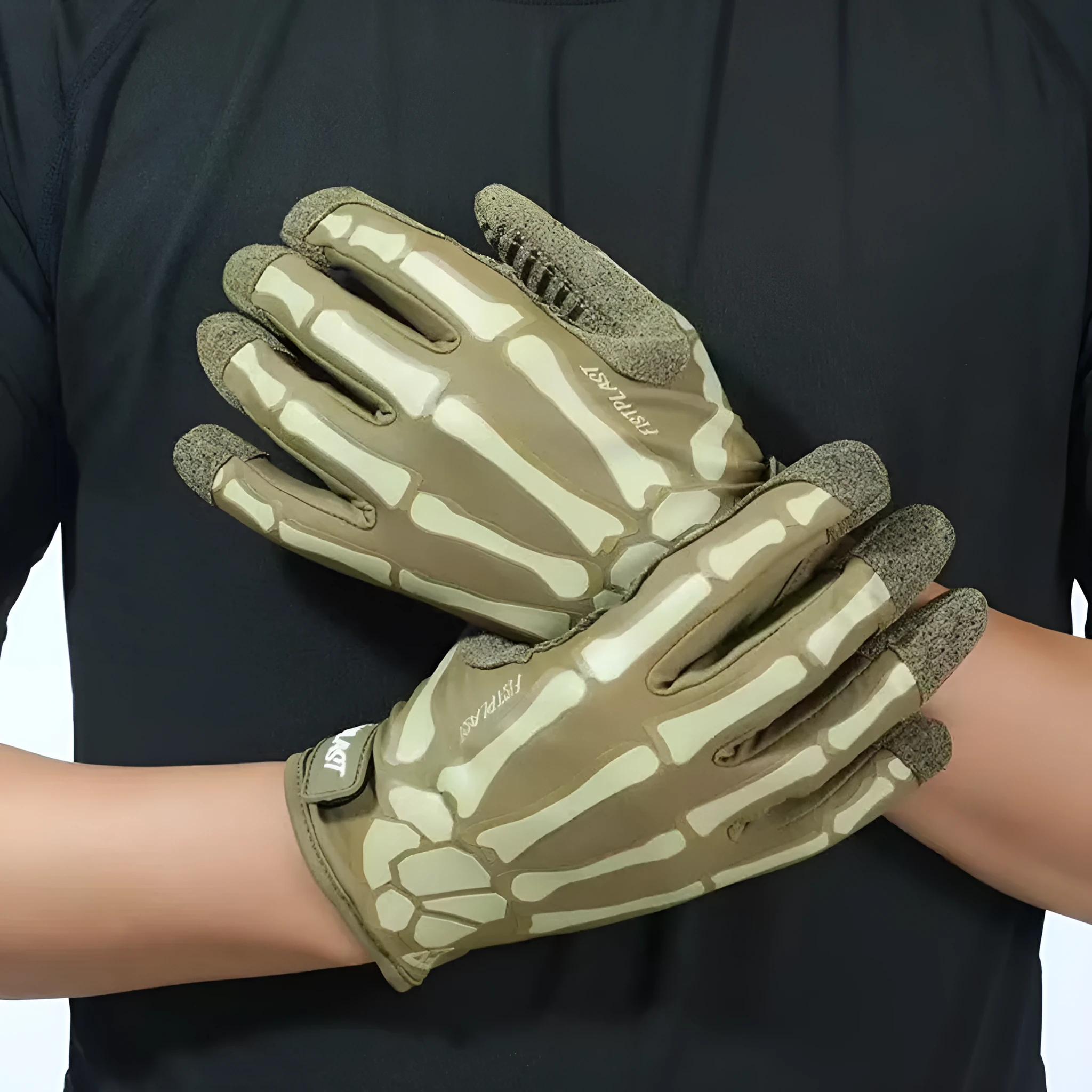 Skull luminous outdoor non-slip full finger touch screen riding gloves in khaki luminous colour