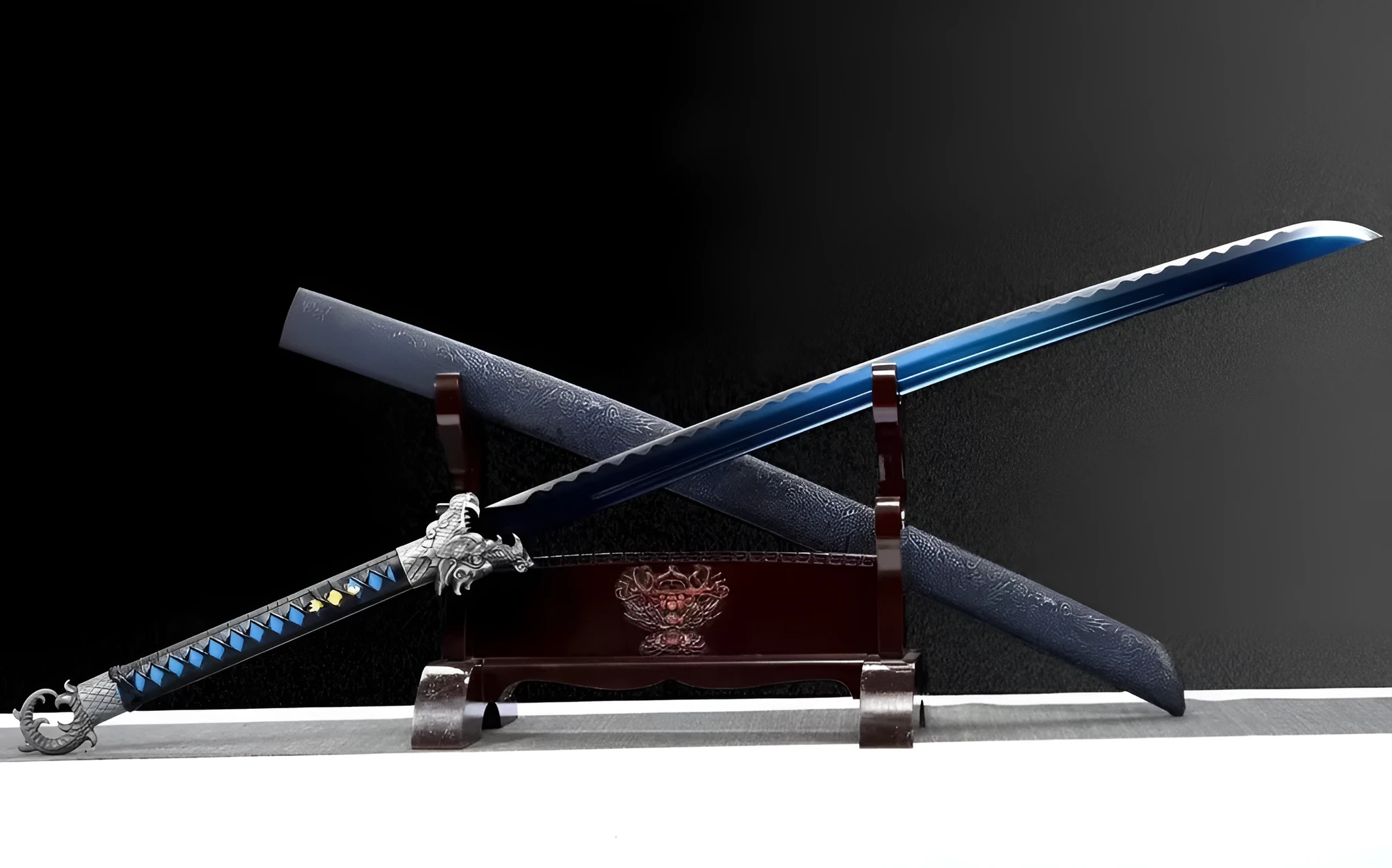 Youlan integral embroidered spring saber 113cm high manganese steel unsharpened sword with solid wood leather scabbard