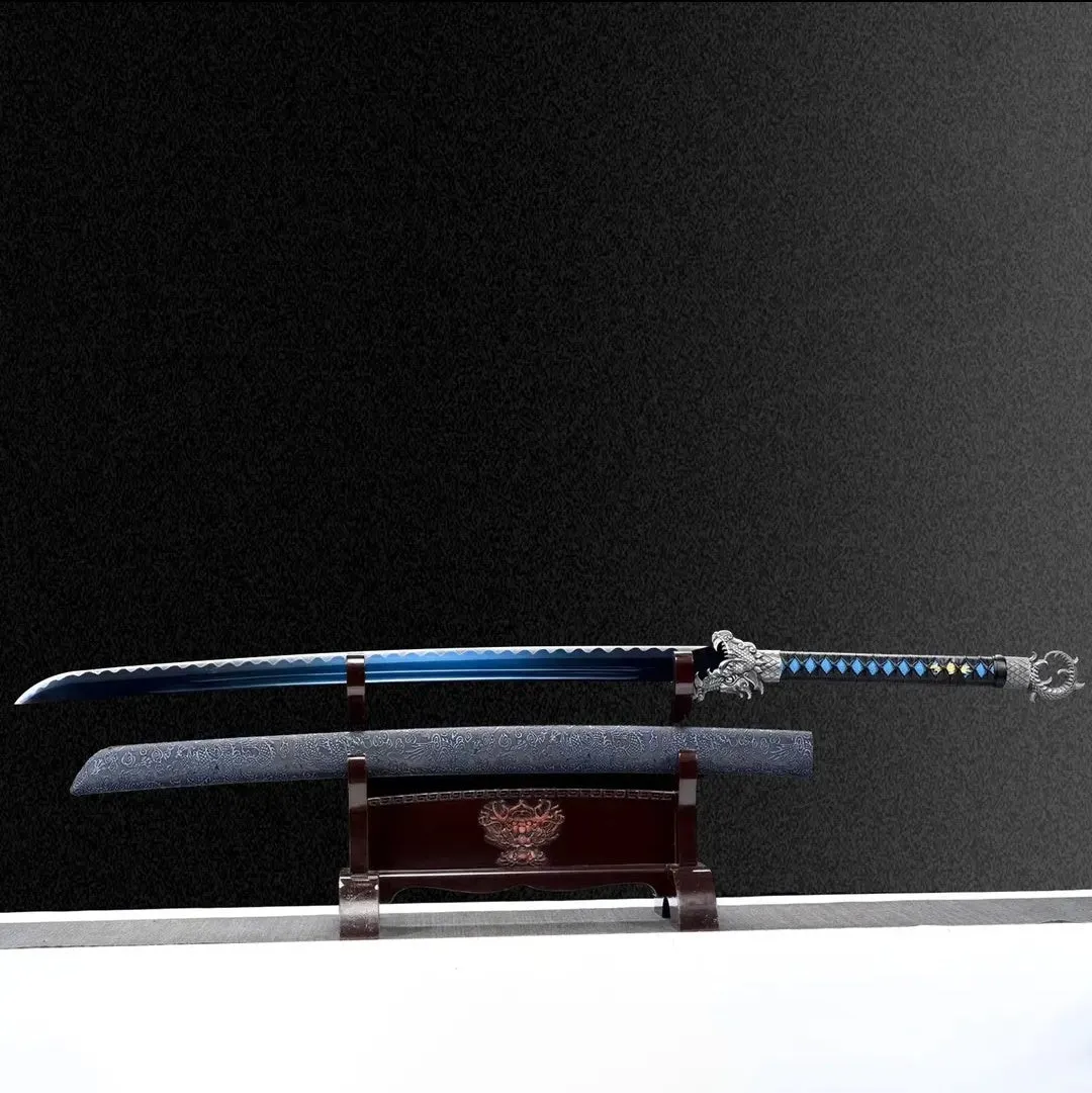 Youlan integral embroidered spring saber 113cm high manganese steel unsharpened sword with solid wood leather scabbard