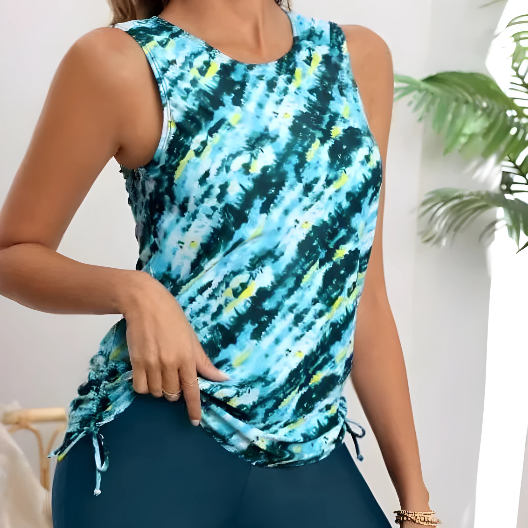 Sexy print high waist boxer vest tankini slimming swimsuit for women in blue and green