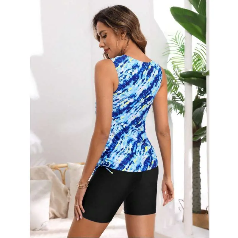 Sexy print high waist boxer vest tankini slimming swimsuit for women in blue and green