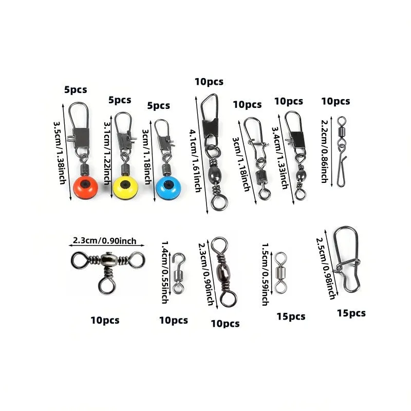 Box of 115 fishing connector swivels with rotating sea bean design in plastic and stainless steel