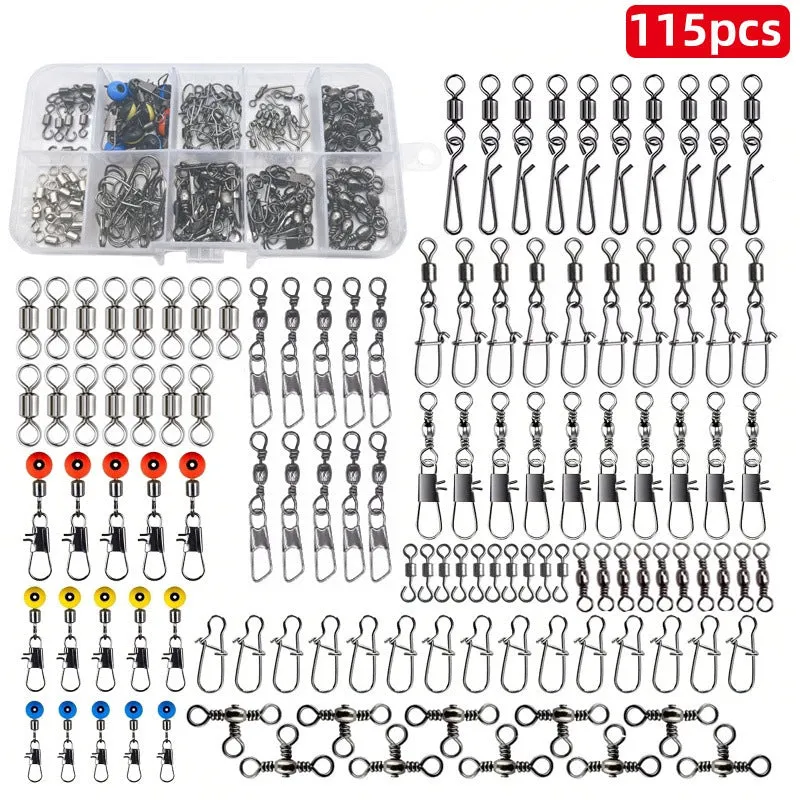 Box of 115 fishing connector swivels with rotating sea bean design in plastic and stainless steel