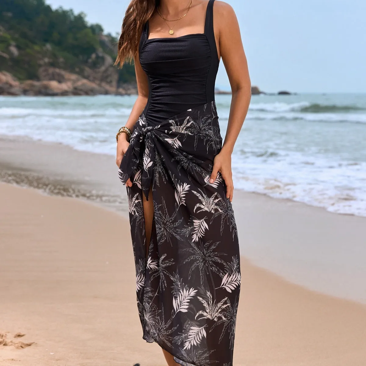Women's new small floral one-piece swimsuit in polyester, sleeveless, available in multiple colours