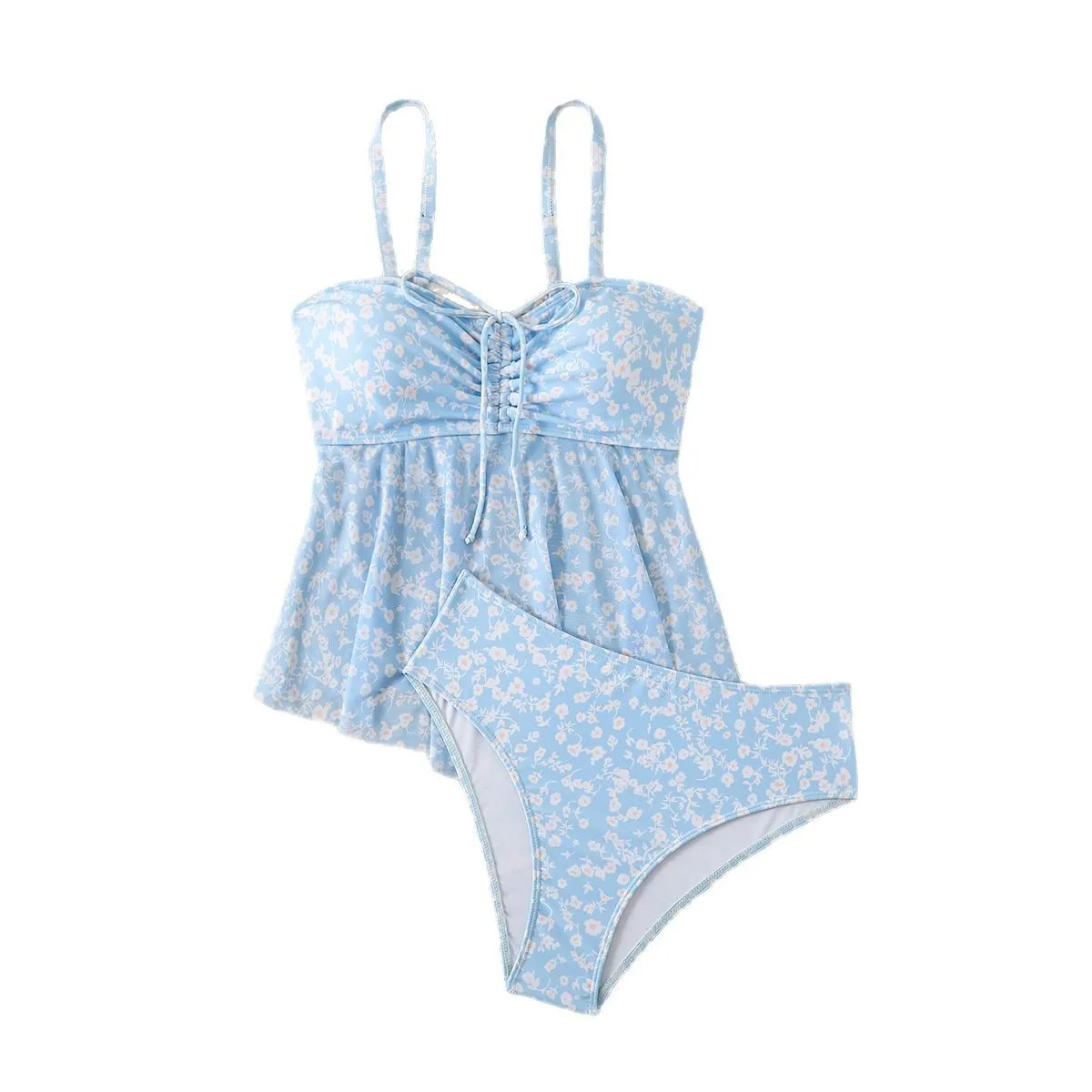 Light blue floral women's swimsuit set with shoulder straps and backless design, available in sizes S to XL