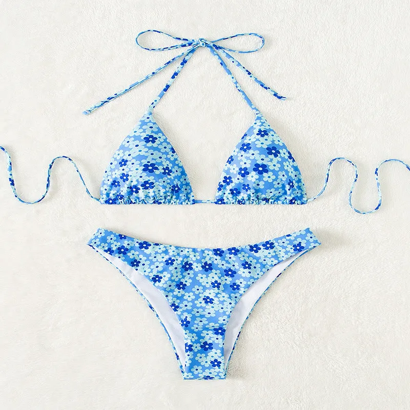 Women's blue printed lace up split bikini set with top and shorts in polyester