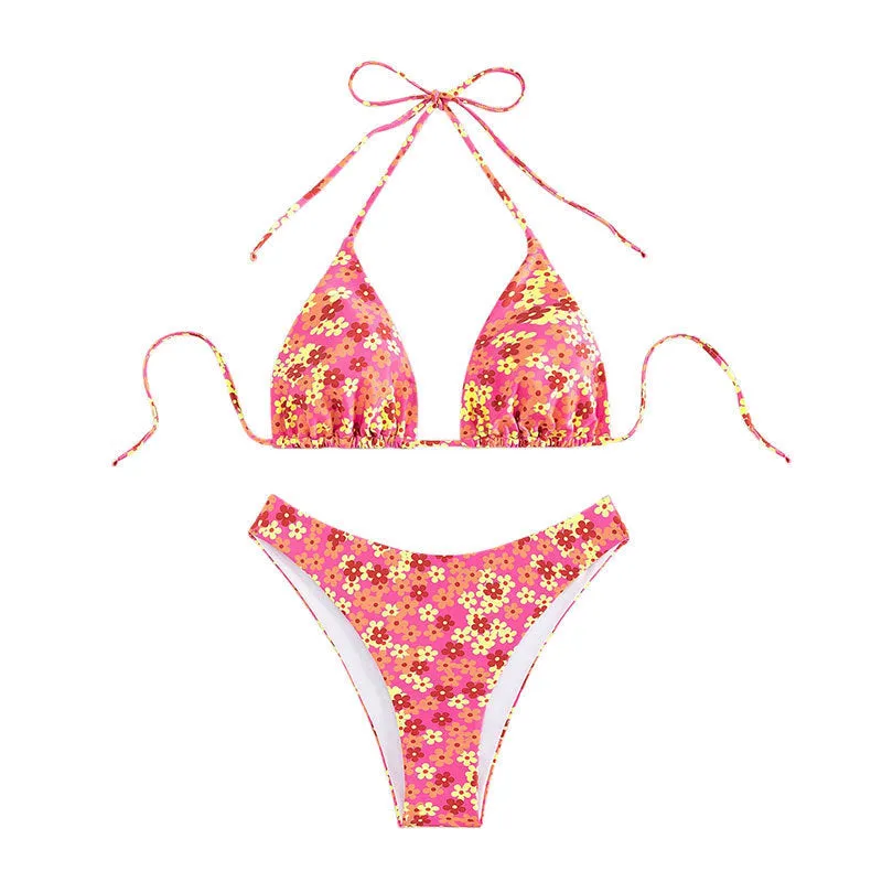Women's blue printed lace up split bikini set with top and shorts in polyester