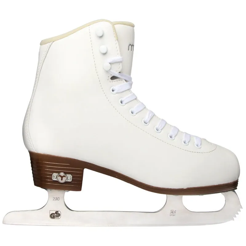 Children beginners three-color roller skates with genuine leather upper and stainless steel frame on a light background