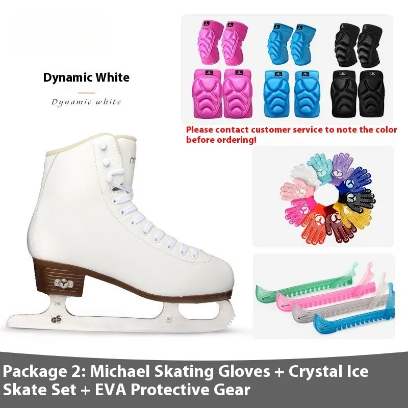 Children beginners three-color roller skates with genuine leather upper and stainless steel frame on a light background