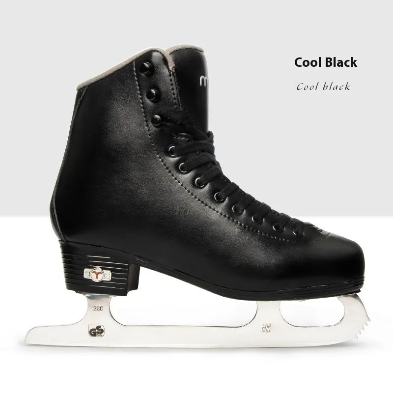 Children beginners three-color roller skates with genuine leather upper and stainless steel frame on a light background