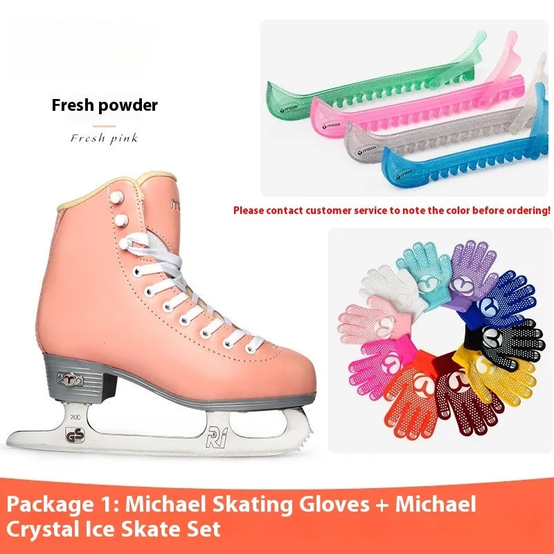 Children beginners three-color roller skates with genuine leather upper and stainless steel frame on a light background
