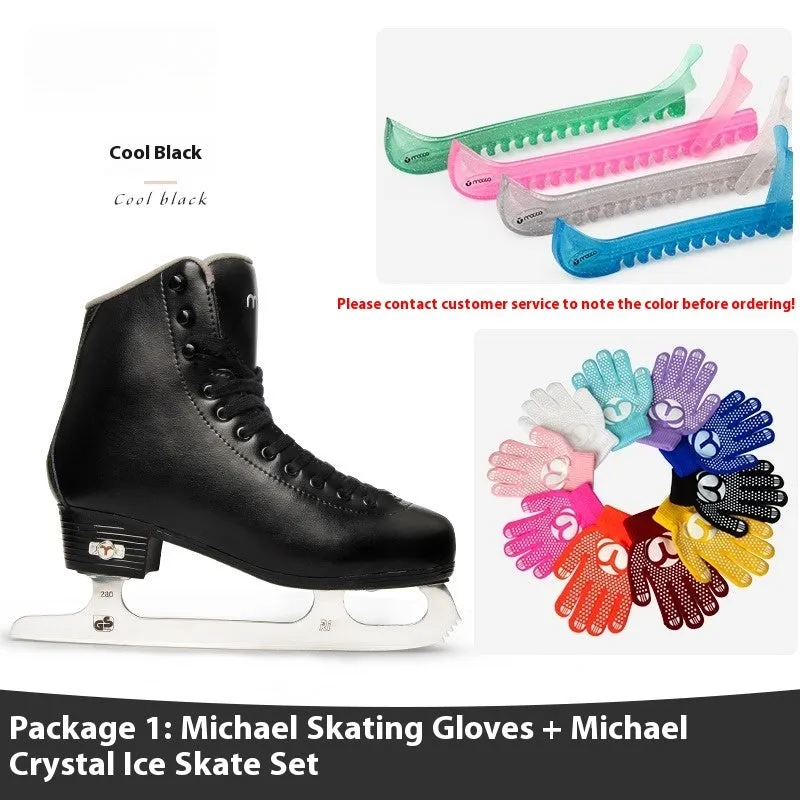 Children beginners three-color roller skates with genuine leather upper and stainless steel frame on a light background