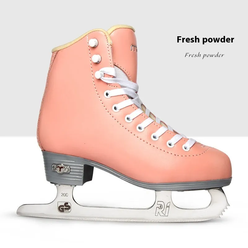 Children beginners three-color roller skates with genuine leather upper and stainless steel frame on a light background