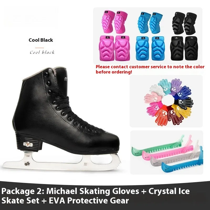 Children beginners three-color roller skates with genuine leather upper and stainless steel frame on a light background