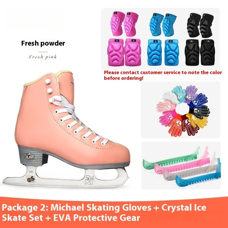 Children beginners three-color roller skates with genuine leather upper and stainless steel frame on a light background