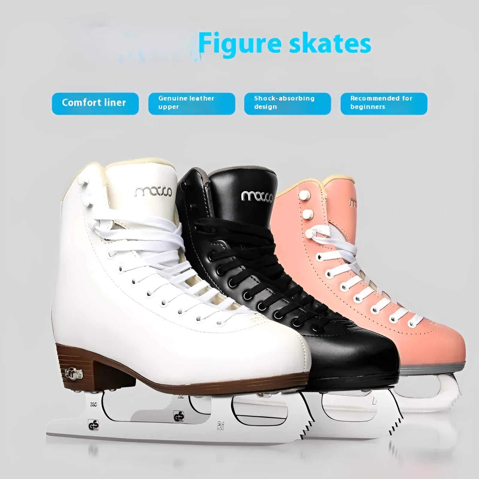 Children beginners three-color roller skates with genuine leather upper and stainless steel frame on a light background
